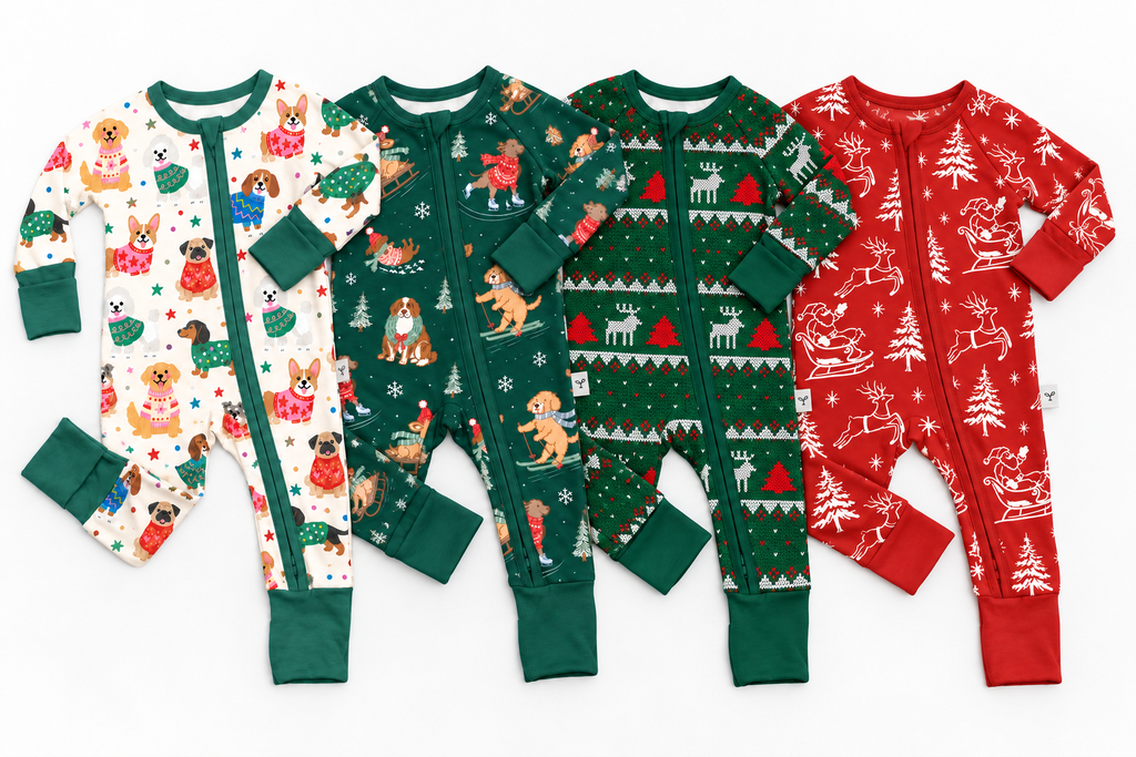 Four baby long-sleeve footless onesies arranged side by side on a white background, each with a different Christmas print: white with dog illustrations, dark green with dog and tree motifs, dark green with reindeer and tree patterns, and red with reindeer and tree patterns.