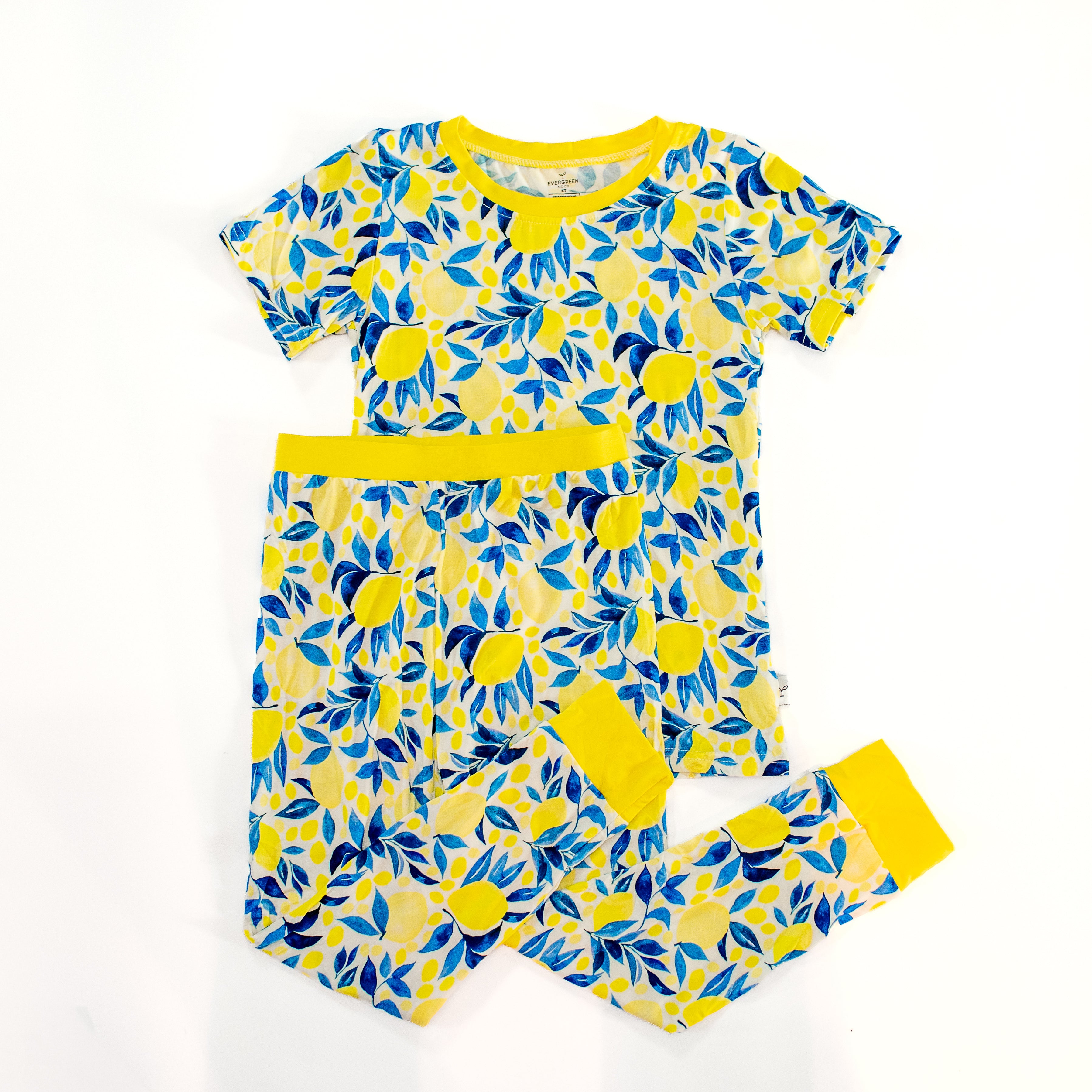 A two-piece children's pajama set featuring a short-sleeve top and matching pants with a bright yellow and blue lemon pattern, laid flat on a white background.