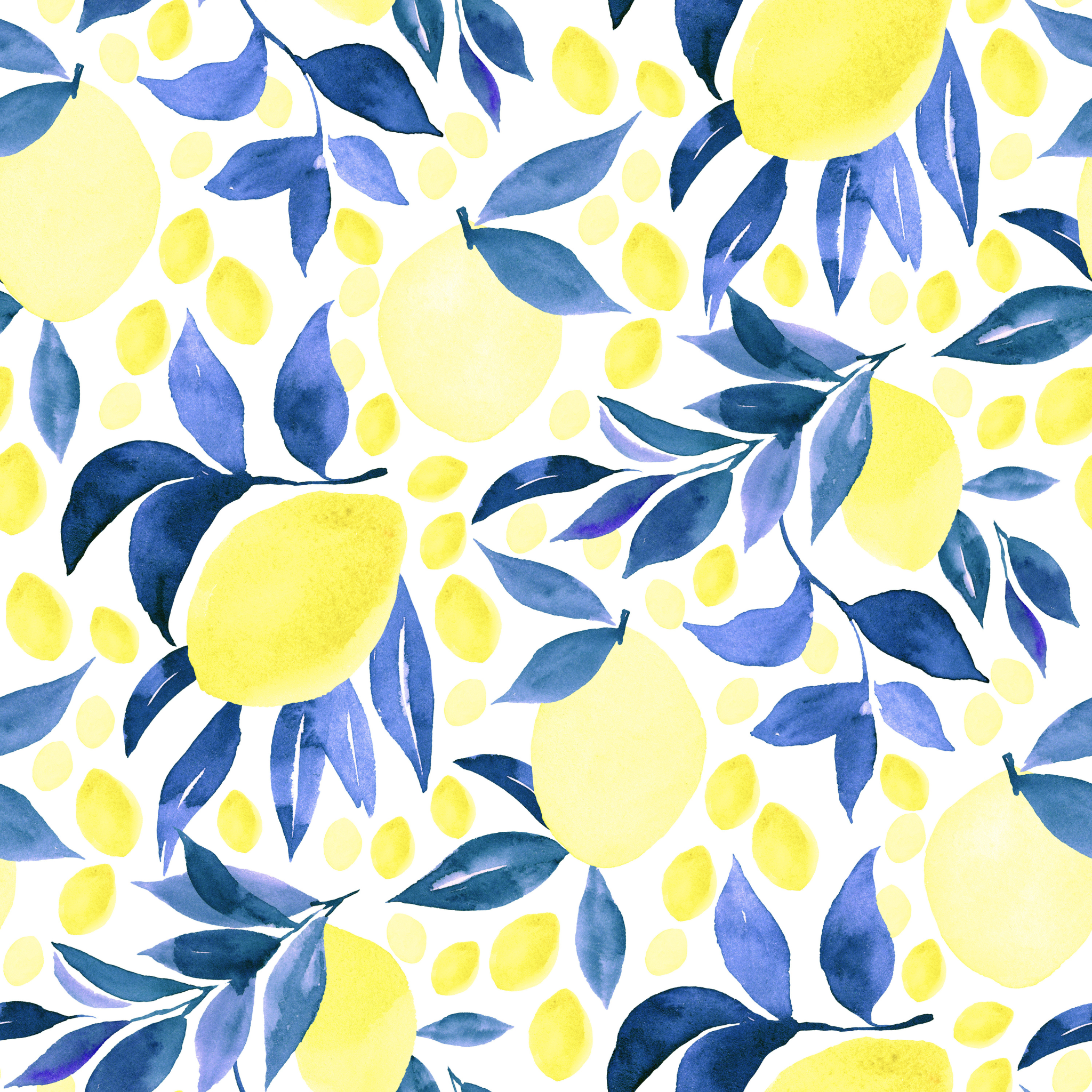 Pattern of yellow lemons and blue leaves on a white background