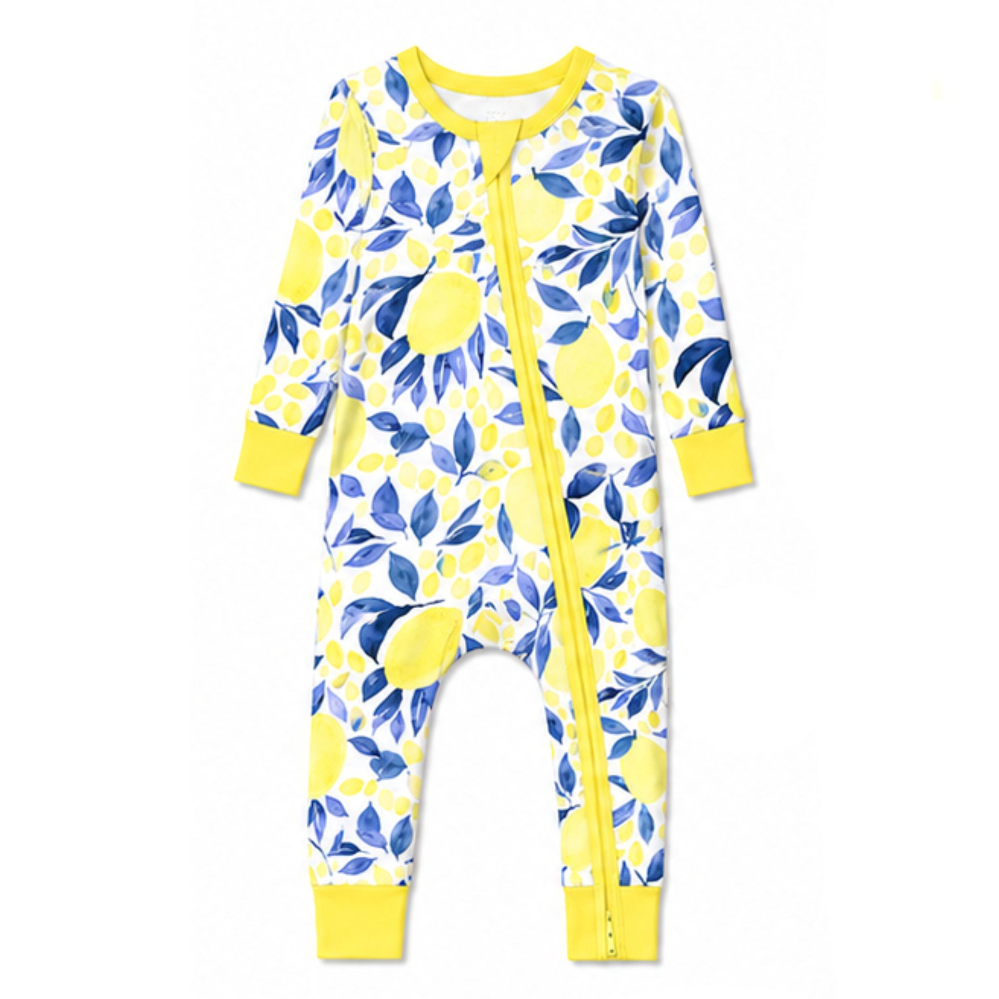 Baby onesie with lemon and leaf pattern on a white background