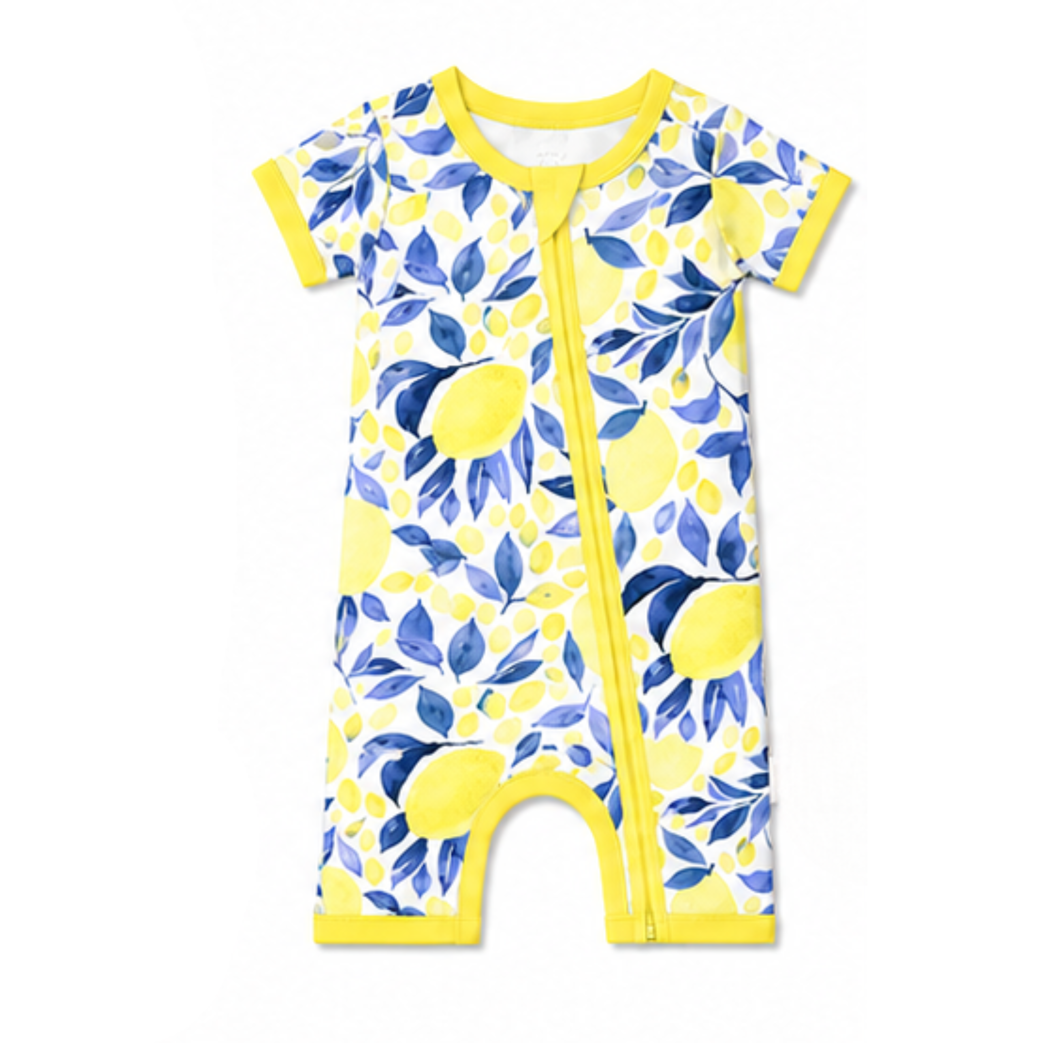 Baby romper with lemon and leaf pattern on a white background