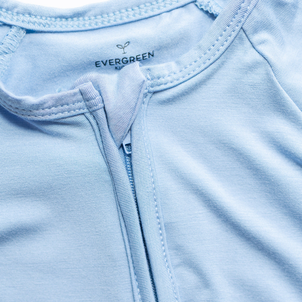 Close-up of a light blue bamboo pajama. 