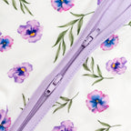 Purple zipper floral bamboo fabric with purple flowers and green leaves.