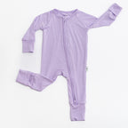 Purple baby romper bamboo with a zipper on a white background.