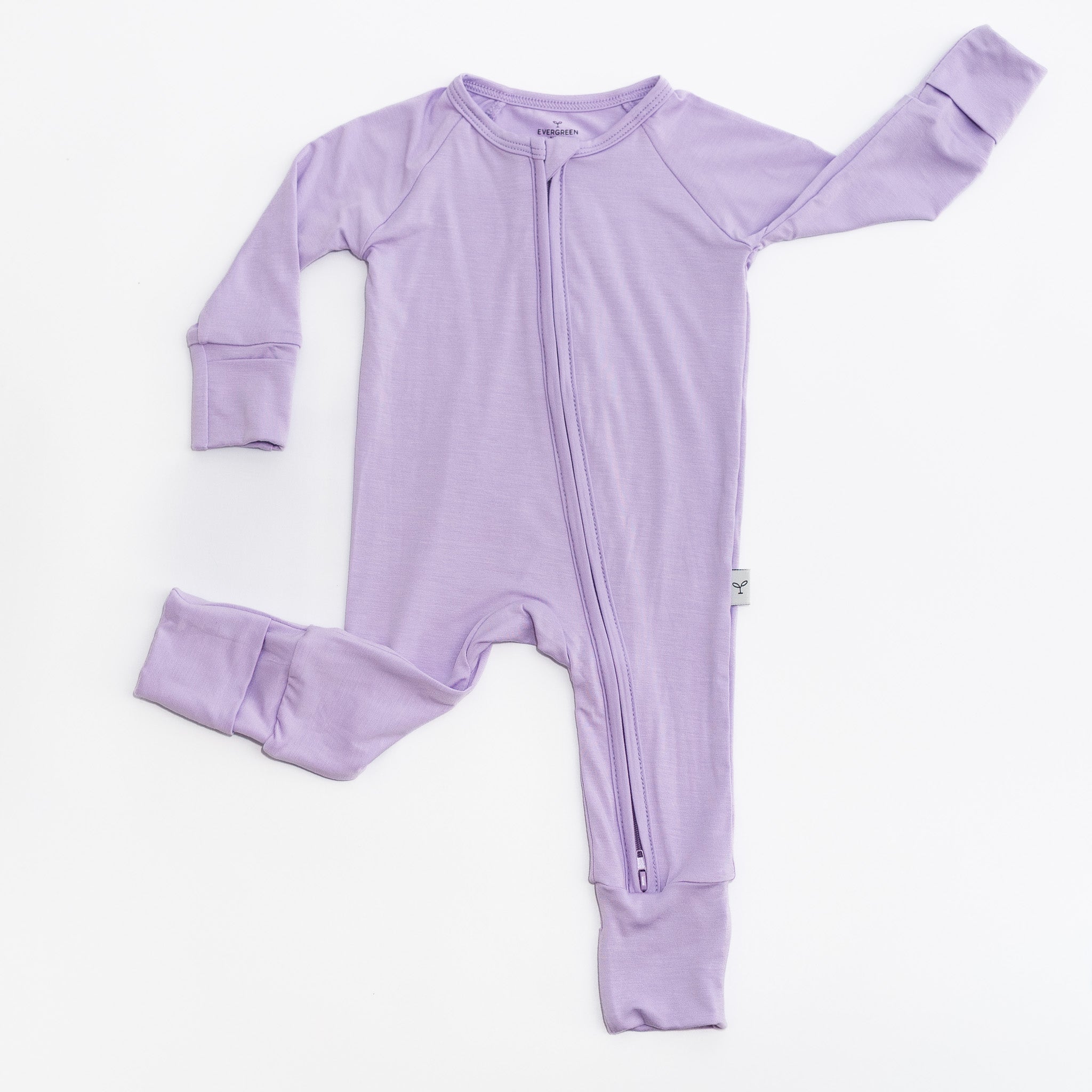 Purple baby romper bamboo with a zipper on a white background.