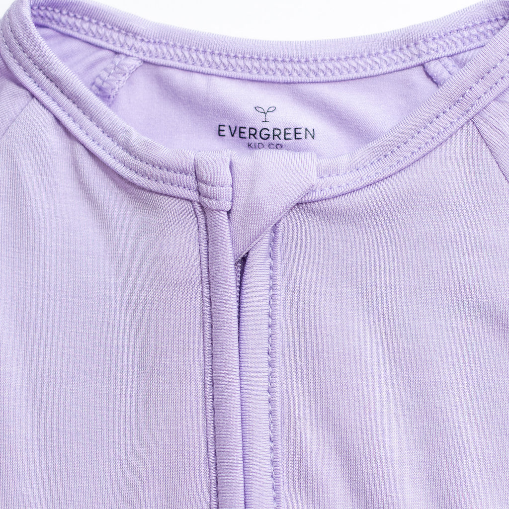 Close-up of a lavender baby bamboo pajama.