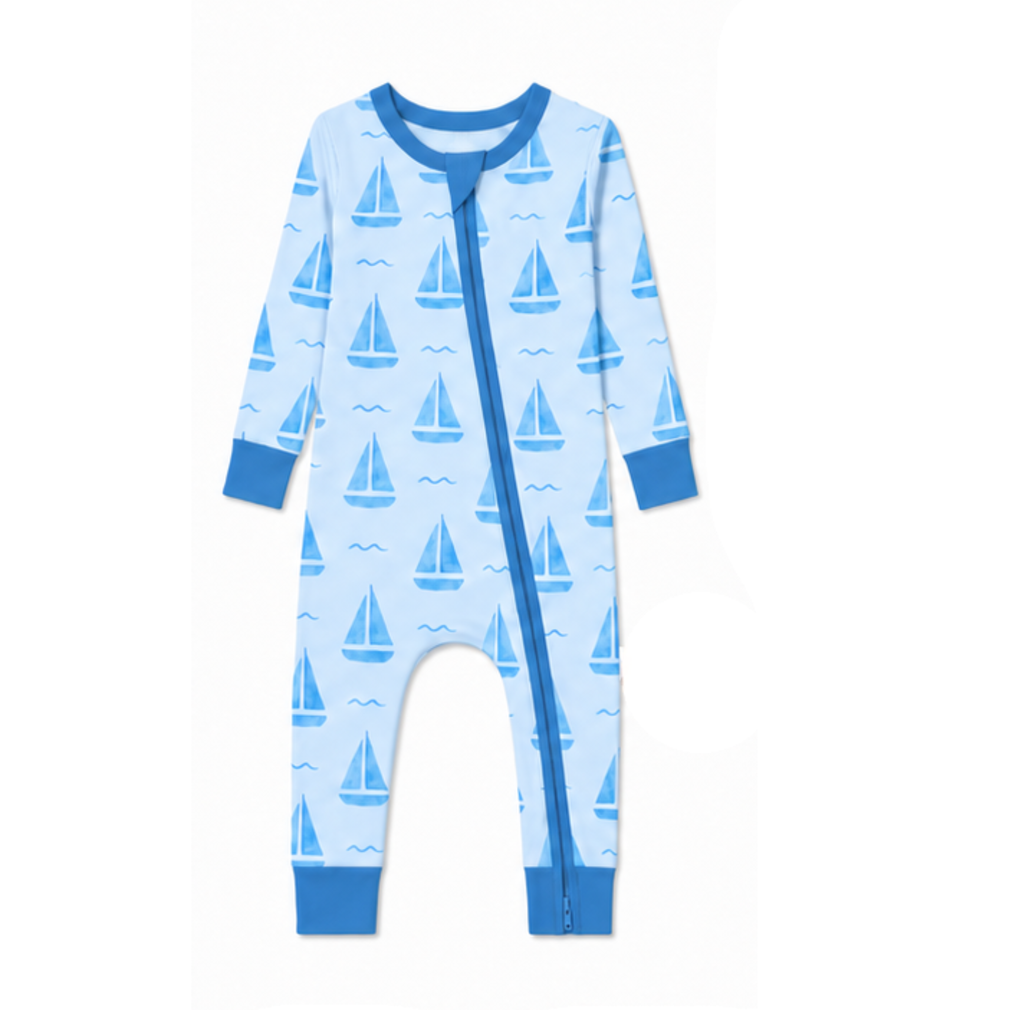 Children's onesie with sailboat pattern on a white background